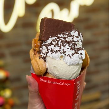 Half & Half - a cone of ice cream with chocolate and sprinkles - Waffles Near Me - Astoria, New York