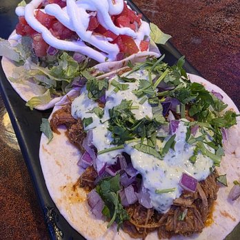 Bandoleros Tacos - Veggie on left, Carnitas on right, on flour tortillas. - Tacos Near Me - Sunrise, Florida