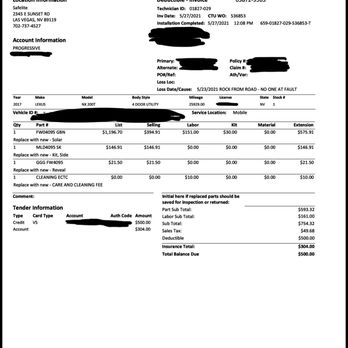 Safelite AutoGlass - OEE Insurance Invoice - Windshield Installation & Repair Near Me - Las Vegas, Nevada
