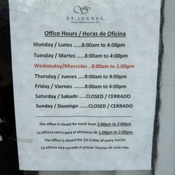 St Isabel Family Medical Center - Business Hours as of January 2026.