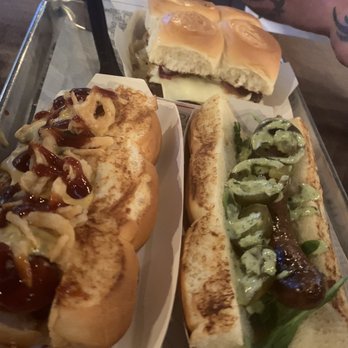 Dog Haus Biergarten - Cowboy hot dog & Thai Fighter sausage (super spicy!) - Burgers Near Me - Tempe, Arizona Dog Haus Biergarten - Cowboy hot dog & Thai Fighter sausage (super spicy!) - Burgers Near Me - Tempe, Arizona