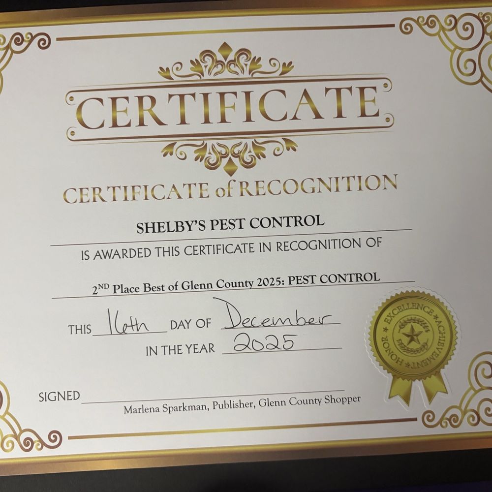 Shelby's Pest Control - They took second place for the best of Glenn County 2025. - Pest Control Near Me - Chico, California Shelby's Pest Control - They took second place for the best of Glenn County 2025. - Pest Control Near Me - Chico, California