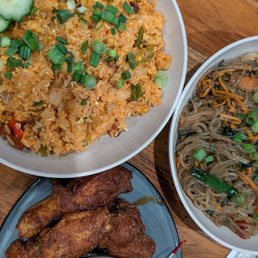Fried rice, mixed wings and Jap chae Fried rice, mixed wings and Jap chae
