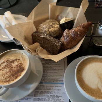 Brewed - Pastry basket: banana bread, croissant, and coffee muffin (rich, soft, and delicious). Thai Latte & Pumpkin Spice latte (homemade) - Coffee & Tea Near Me - Fort Worth, Texas
