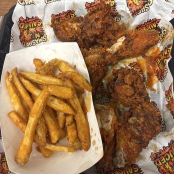 Smashed N Sauced - French fries and 6 piece of mild and hot buffalo chicken wings. - Halal Near Me - Selah, Washington Smashed N Sauced - French fries and 6 piece of mild and hot buffalo chicken wings. - Halal Near Me - Selah, Washington