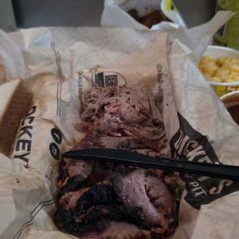 Dickey's Barbecue Pit - 3 item plate. 2x brisket, 1x pulled pork, side of mac n cheese, side of fried okra, white bread and bbq saucs - Barbeque Near Me - Dallas, Texas Dickey's Barbecue Pit - 3 item plate. 2x brisket, 1x pulled pork, side of mac n cheese, side of fried okra, white bread and bbq saucs - Barbeque Near Me - Dallas, Texas