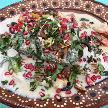 Rosa Mexicano - Stuffed poblano pepper with shrimp, dried fruit, walnuts, pomegranate - Mexican Near Me - Punta de Mita, NAY Rosa Mexicano - Stuffed poblano pepper with shrimp, dried fruit, walnuts, pomegranate - Mexican Near Me - Punta de Mita, NAY