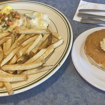Izzy's Cafe - Jalapeño scramble with small pancake ( smaller than utensil) French fries were soggy and not good - Barbeque Near Me - El Cajon, California