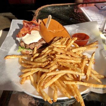 Fightingtown Tavern - Black and Blue Ridge Burger: fade to black seasoning, house cured thick cut bacon & blue cheese dressing with fries - Burgers Near Me - Blue Ridge, Georgia Fightingtown Tavern - Black and Blue Ridge Burger: fade to black seasoning, house cured thick cut bacon & blue cheese dressing with fries - Burgers Near Me - Blue Ridge, Georgia