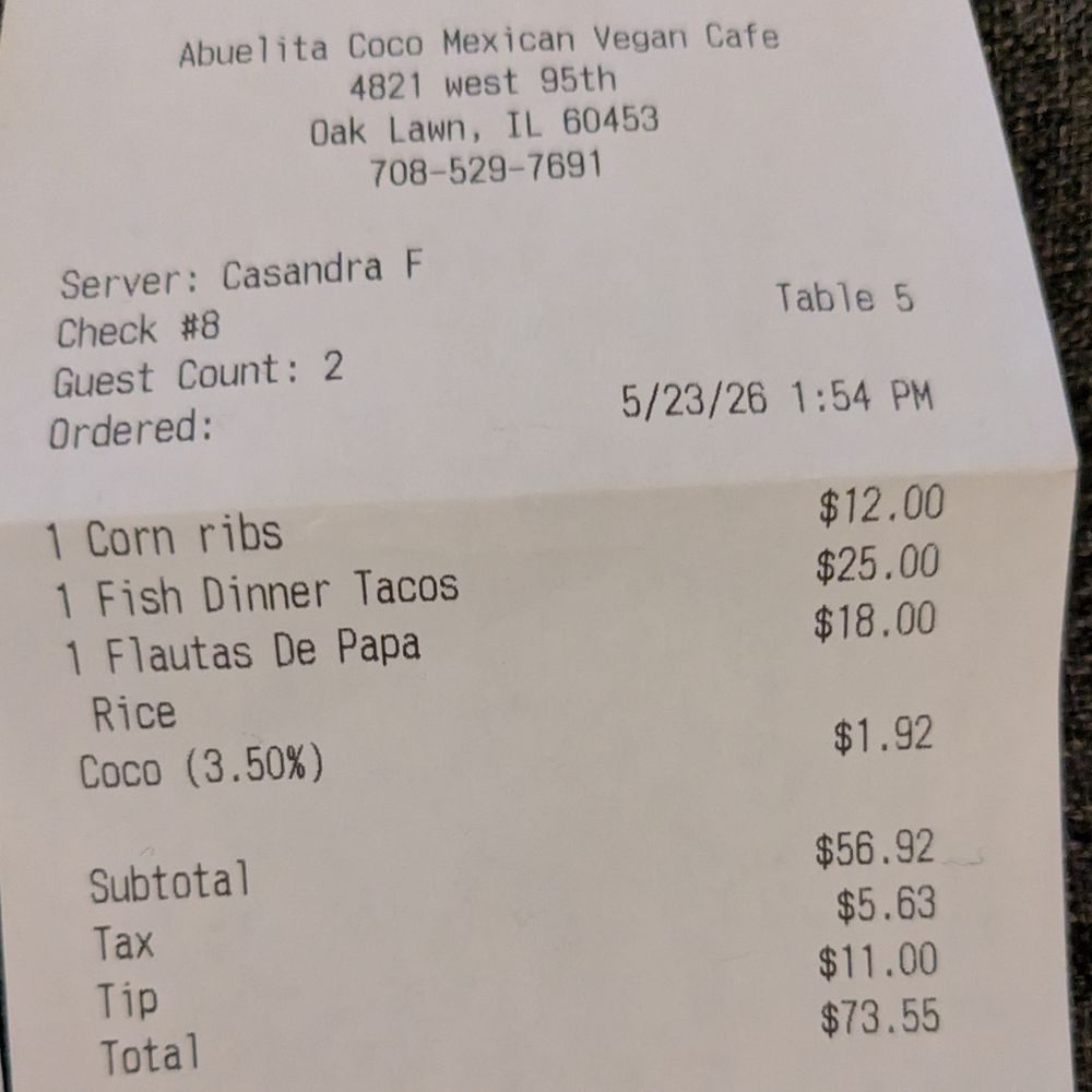 Abuelita Coco - Receipt - Vegan Near Me - Oak Lawn, Illinois