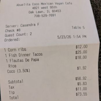Abuelita Coco - Receipt - Vegan Near Me - Oak Lawn, Illinois Abuelita Coco - Receipt - Vegan Near Me - Oak Lawn, Illinois