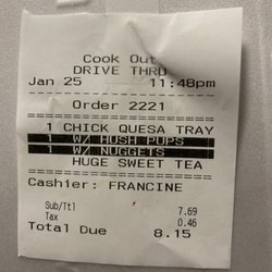Cook Out - Receipt from first order when she left off my cheeseburger.