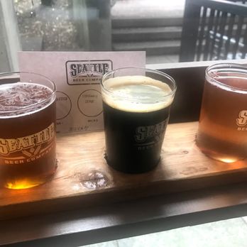 Seattle Beer Co - My flight for the day, from l-r | Silver City Brewery Oktoberfest; Barrel Mountain Brewing Starway Stout; Populuxe Brewing Rose Soer - Beer Bar Near Me - Seattle, Washington
