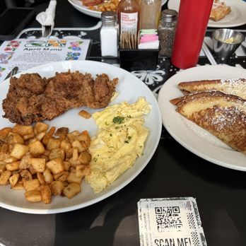 Water Street Waffle Co a Local Eatery - The Breakfast Platter With French Toast & Fried Chicken Thigh - Waffles Near Me - Temple, Texas Water Street Waffle Co a Local Eatery - The Breakfast Platter With French Toast & Fried Chicken Thigh - Waffles Near Me - Temple, Texas