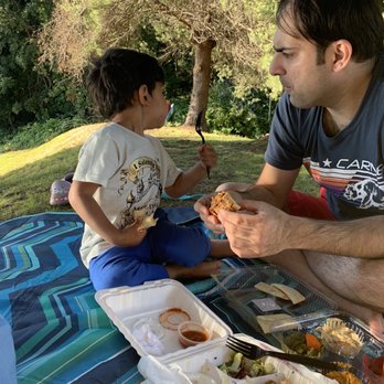 Cafe Turko - Our picnic eating Rainbow Hummus Plate and Beyti Kebab - Halal Near Me - Seattle, Washington