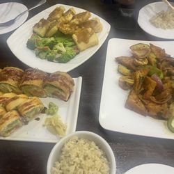 Fancy Sushi Asian Fusion - Garden Roll, House Vegetable Roll, Tofu and Vegetable Teriyaki, Thai Basil Special with tofu