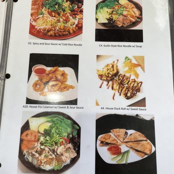 Noodle's Time - The menu page shows six dishes with images and descriptions from Noodle's Time restaurant. The dishes include spicy and sour sauce with cold rice noodles, Guilin style rice noodles with soup, house fried calamari with sweet and sour sauce, house duck roll with sweet sauce, cow's tail noodle soup with soup, and house beef pancake with sweet sauce. Each dish is accompanied by a photo and a brief description, presented in a clear layout with some dishes having additional text overlays. - Chinese Near Me - Edison, New Jersey