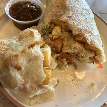 Daisy Bar - Veggie Breakfast Burrito: Feta, broccoli, red bell peppers, onions and home fries + salsa on the side - Coffee & Tea Near Me - Indianapolis, Indiana