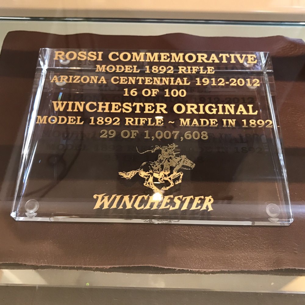 Grayhawk Awards & Engraving - John at Grayhawk made an amazing crystal wedge to compliment a commemorative and vintage rifle set on display! Thank you! - Trophy Shops Near Me - Scottsdale, Arizona