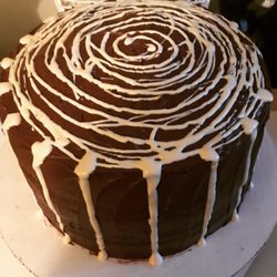 Grilled Chicken Palace - Chocolate Frosted Butter Cake with White Chocolate Drizzle