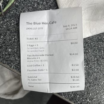 The Blue Hen Cafe - Receipt - Southern Near Me - Saint Augustine, Florida