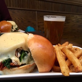 Fred and Ethel's Lantern Light - Spinach Crab Burger with bacon and swiss cheese. Fries are seasoned and fried to perfection. - American Near Me - Galloway, New Jersey