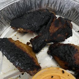Burnt chicken on the outside and raw in the inside