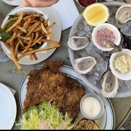 Happy hour fries + oysters. Fried chicken was on the regular menu, but absolutely worth getting