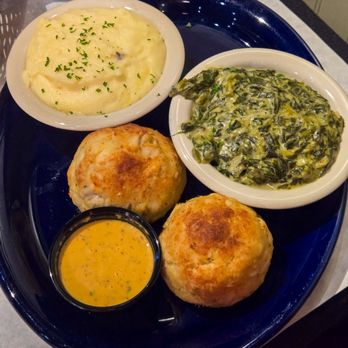 Food For Thought - Crabcake platter with cream spinach and mashed potatoes. - American Near Me - Williamsburg, Virginia Food For Thought - Crabcake platter with cream spinach and mashed potatoes. - American Near Me - Williamsburg, Virginia