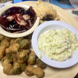 Wright's Restaurant - Fried Okra, Cole Slaw, Mac and Cheese, Blueberry Cobbler