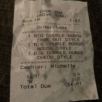 Cook Out - Receipt - American Near Me - Columbia, South Carolina Cook Out - Receipt - American Near Me - Columbia, South Carolina