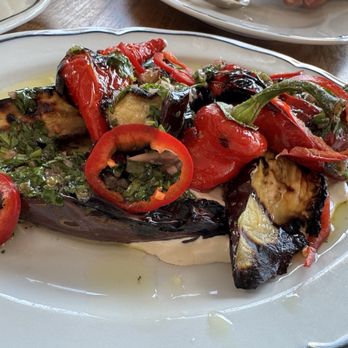 Sfizio - Grilled eggplant & peppers garnished with olive oil and hummus-- delish! - Italian Near Me - Oakland, California Sfizio - Grilled eggplant & peppers garnished with olive oil and hummus-- delish! - Italian Near Me - Oakland, California
