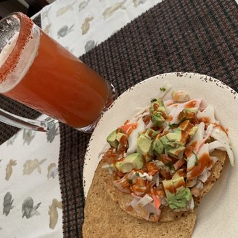 Mariscos El Paisa - Shrimp ceviche tostada and a nice cold Estrella Chelada home made.  Mmmmm mmmmm goood - Mexican Near Me - Whittier, California