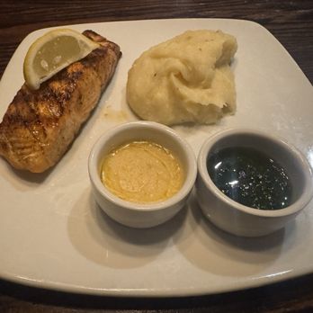 Barnstone Grill - Salmon with garlic, mashed potatoes and honey butter and chimichurri sauces - American Near Me - Mamaroneck, New York