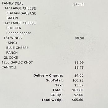 Milanos Pizza - Receipt - Italian Near Me - Gaithersburg, Maryland