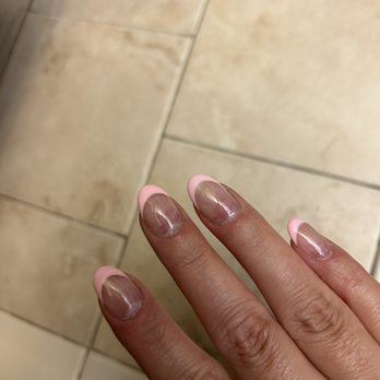 Avalon Nail Bar - Right hand, the "deep French" they charged $25 for, old acrylic wasn't properly prepped before applying new acrylic. - Nail Salons Near Me - Long Beach, California