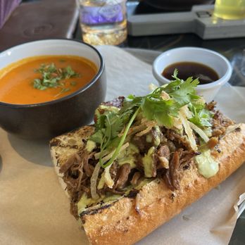 BLAKE Brewhouse & Distillery - Braised Lamb Dip w Roasted Red Pepper Soup - Asian Fusion Near Me - Canmore, Alberta BLAKE Brewhouse & Distillery - Braised Lamb Dip w Roasted Red Pepper Soup - Asian Fusion Near Me - Canmore, Alberta