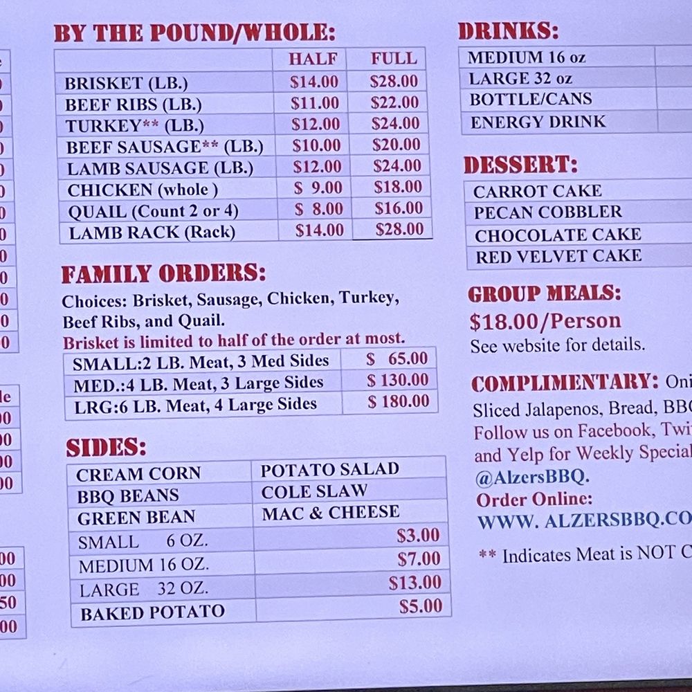 Alzer's BBQ - Menu - Barbeque Near Me - Cedar Park, Texas Alzer's BBQ - Menu - Barbeque Near Me - Cedar Park, Texas
