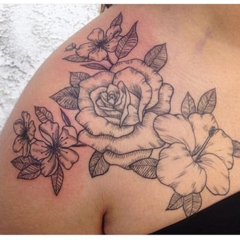 Desert Rose Tattoo Parlor - Veronica did my floral tattoo. Rose and hibiscus are healed in this picture, added the cherry blossoms after about 4 weeks. - Tattoo Near Me - Palm Desert, California Desert Rose Tattoo Parlor - Veronica did my floral tattoo. Rose and hibiscus are healed in this picture, added the cherry blossoms after about 4 weeks. - Tattoo Near Me - Palm Desert, California