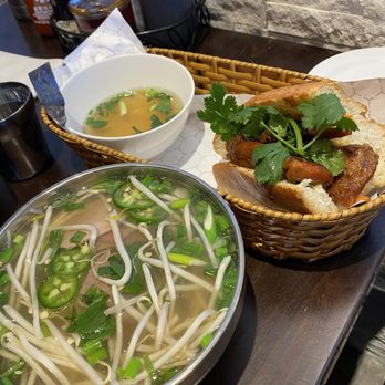 Pho N' Roll - Combo meal with small pho with rare steak and bbq pork banh mi (1/2 order sandwich) - Vietnamese Near Me - Folsom, California Pho N' Roll - Combo meal with small pho with rare steak and bbq pork banh mi (1/2 order sandwich) - Vietnamese Near Me - Folsom, California