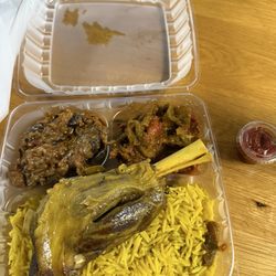 Tajine House Columbus - Lamb Shank with rice and pepper salad and eggplant salad