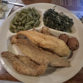 Lambert's Cafe - Fried catfish, hush puppies, turnip greens, green beans - Seafood Near Me - Foley, Alabama