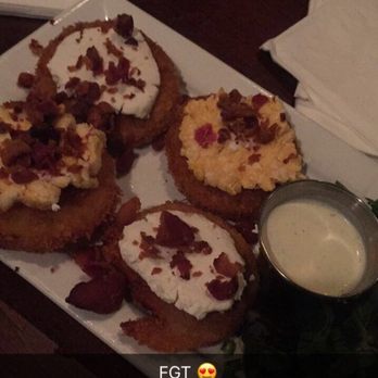 Hops Burger Bar - Fried green tomatoes with pimento cheese and goat cheese. - Burgers Near Me - Greensboro, North Carolina Hops Burger Bar - Fried green tomatoes with pimento cheese and goat cheese. - Burgers Near Me - Greensboro, North Carolina