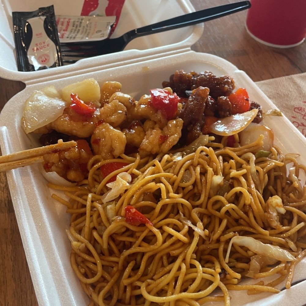 Beijing beef sweet fire chicken and chow  mein noodles