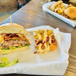 Half of a California Kid burger and half of a SLO dog