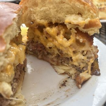 Fireside - Mac Attack Burger cross section - Bars Near Me - Chicago, Illinois Fireside - Mac Attack Burger cross section - Bars Near Me - Chicago, Illinois