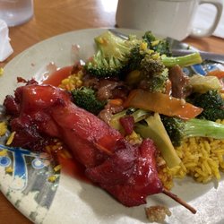 China Dream - Fried rice pepper steak chicken on a stick. Egg soup so good.