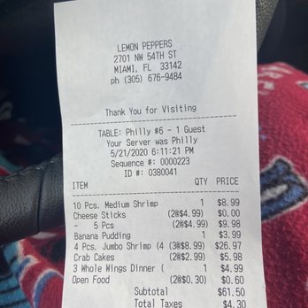 Lemon Peppers - My bill for the family - Seafood Near Me - Miami, Florida