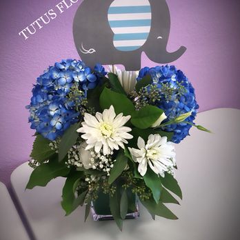 Tutus Flowers - Elephant baby shower theme. Glass vases designed with large blue hydrangeas, babys breath, some greenery & a mix of white flowers. - Florists Near Me - Oxnard, California Tutus Flowers - Elephant baby shower theme. Glass vases designed with large blue hydrangeas, babys breath, some greenery & a mix of white flowers. - Florists Near Me - Oxnard, California