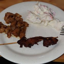 Hong Kong Buffet - Teriyaki Chicken Skewer (Smallest One I Could Find), Mala Chicken, and Seafood Salad.